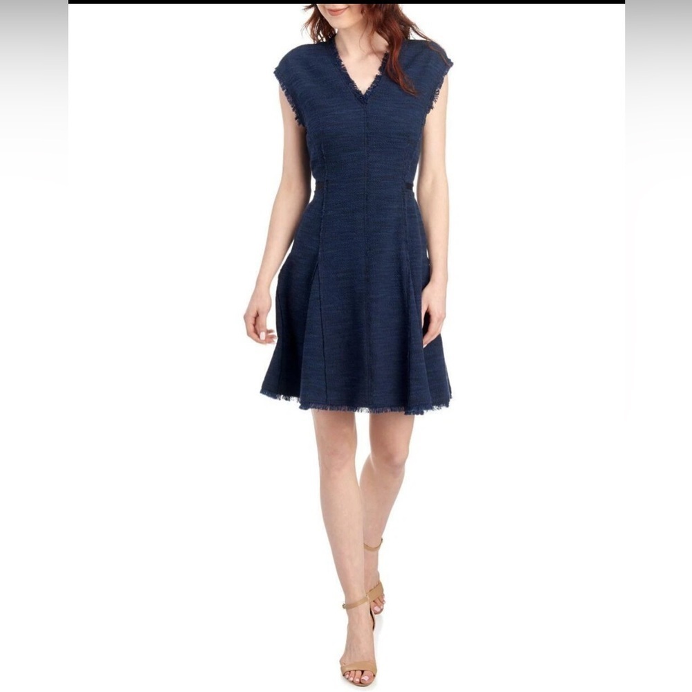 Rebecca Taylor Navy Blue Tweed Fringe V-Neck Sleeveless A-Line Dress Size 4
